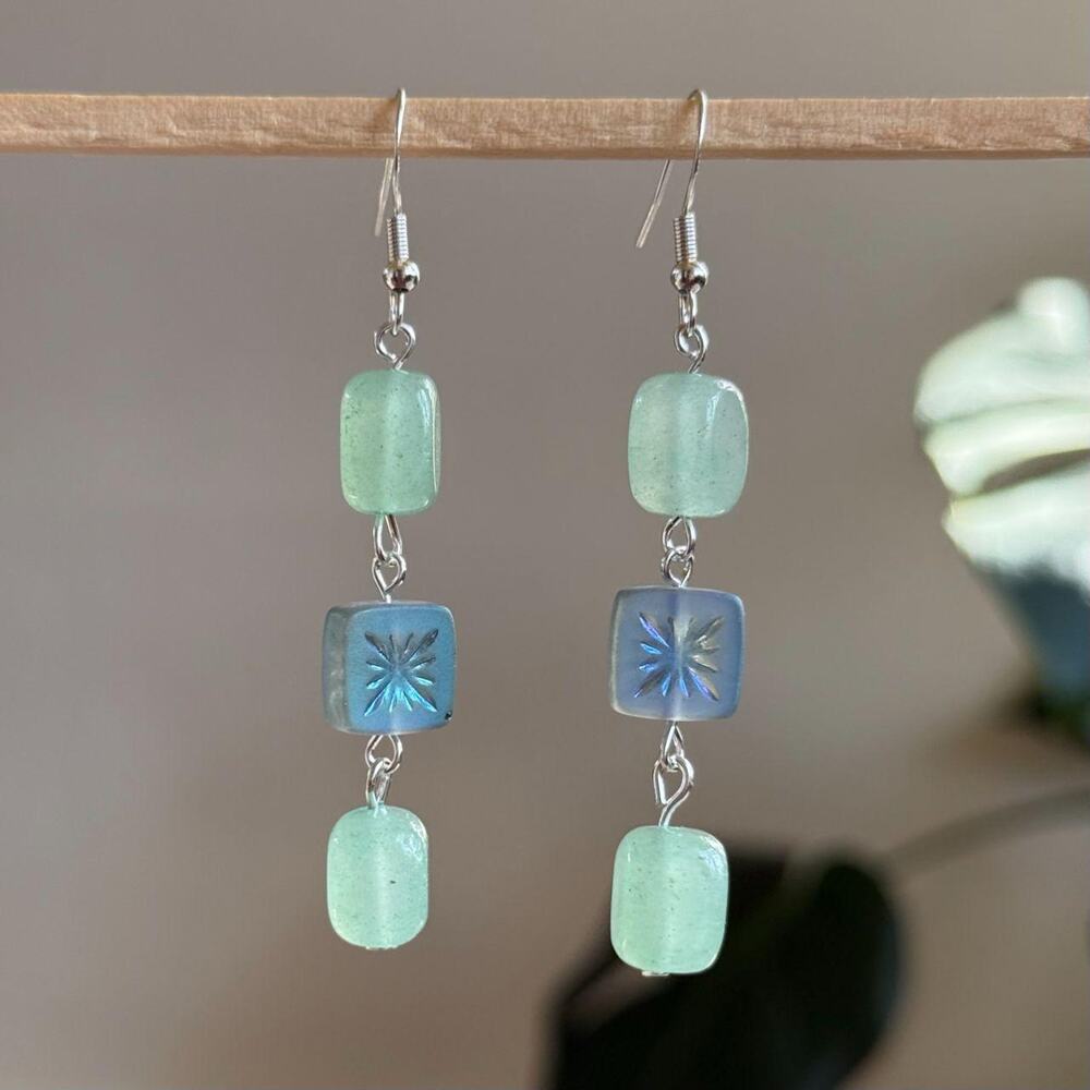 handmade earrings with light green stones and indigo blue Czech square beads
